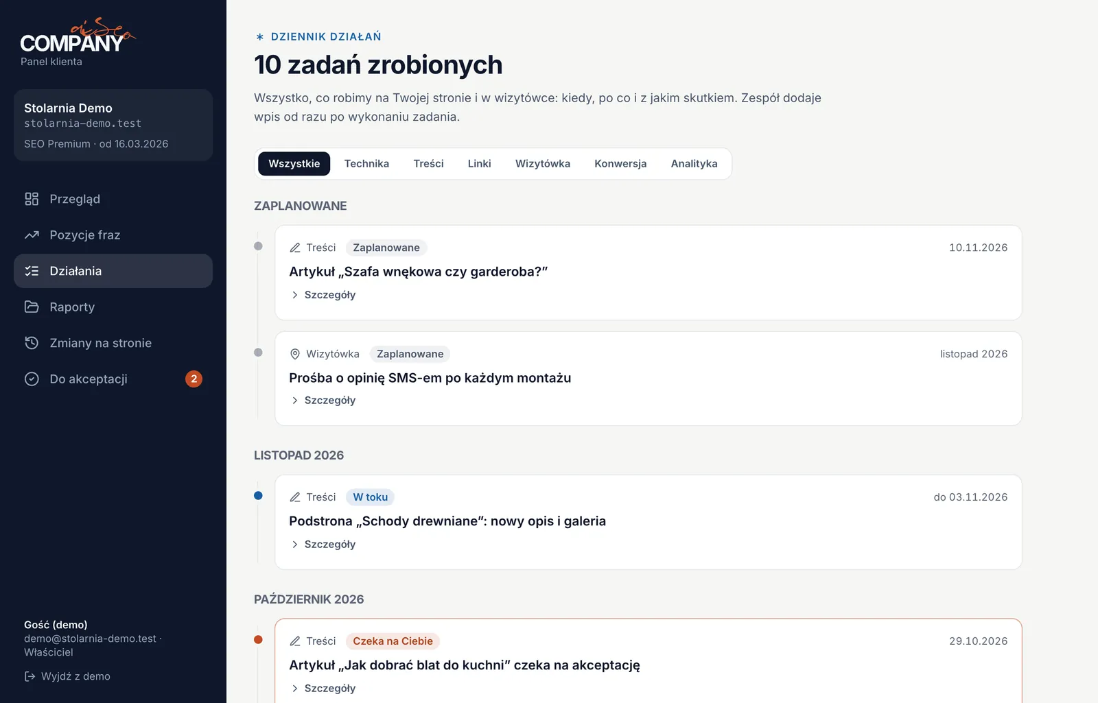 Dziennik prac (dane przykładowe)