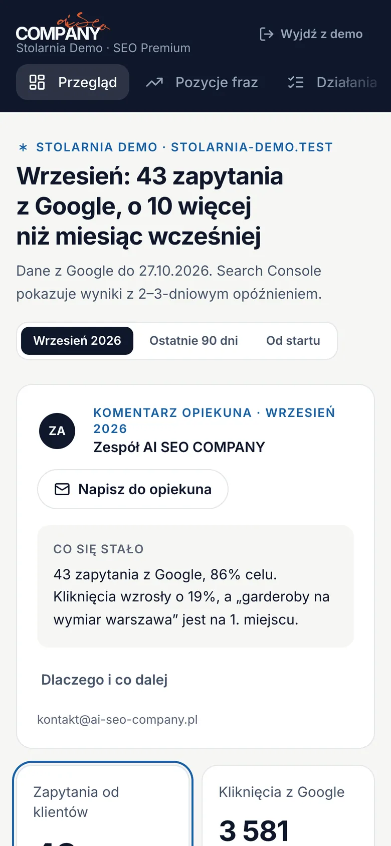 Panel klienta na telefonie (dane przykładowe)