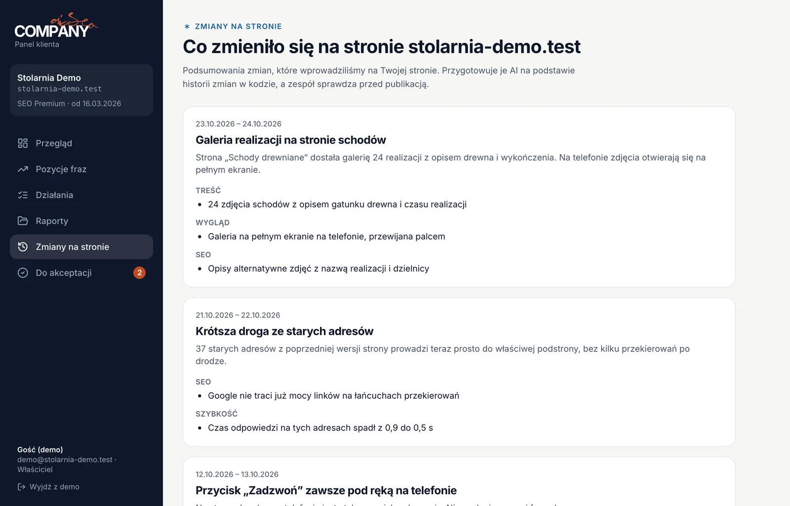 Zmiany na stronie opisane prostym językiem (dane przykładowe)