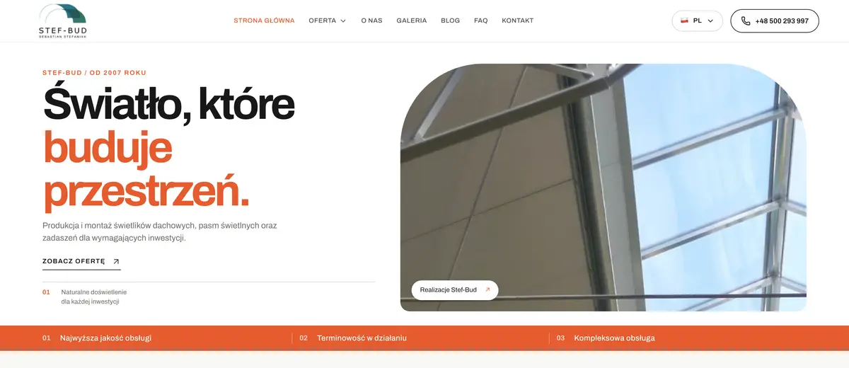 Hero section of the Stef-Bud skylight manufacturer website