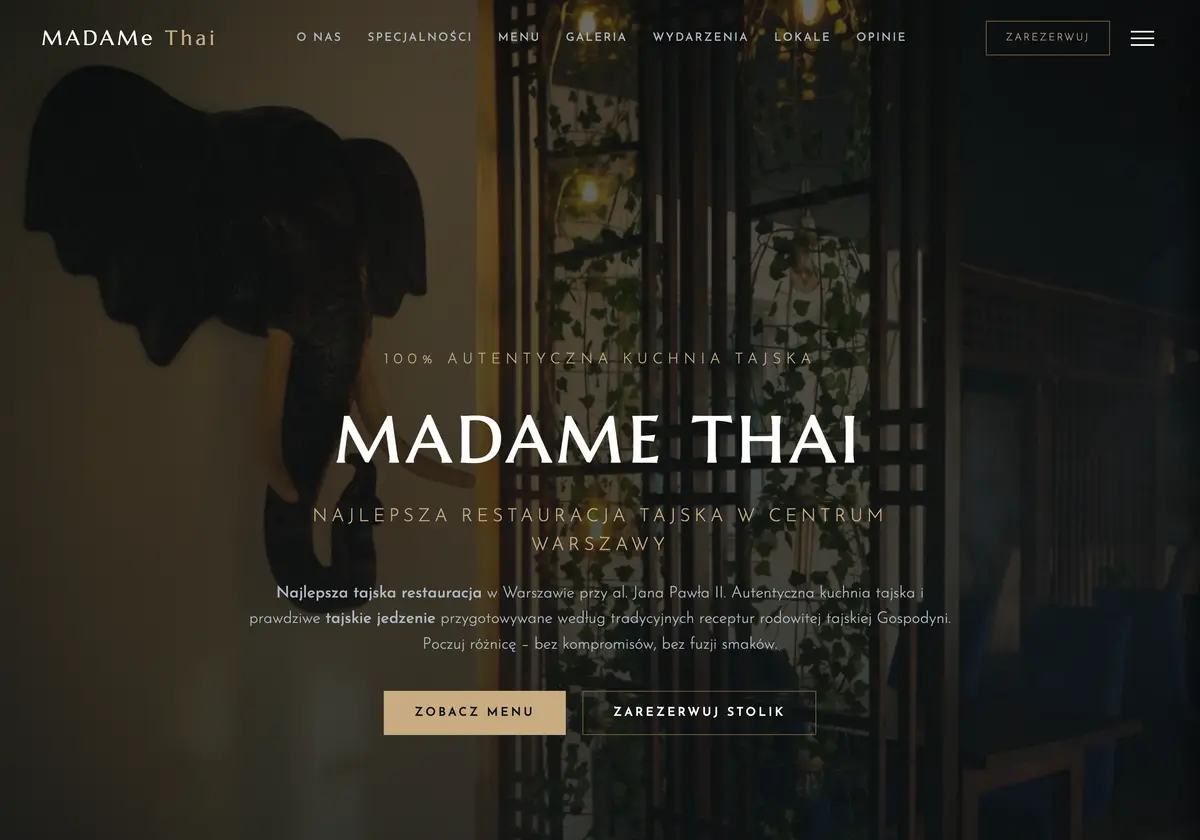Hero section of the Madame Thai restaurant homepage