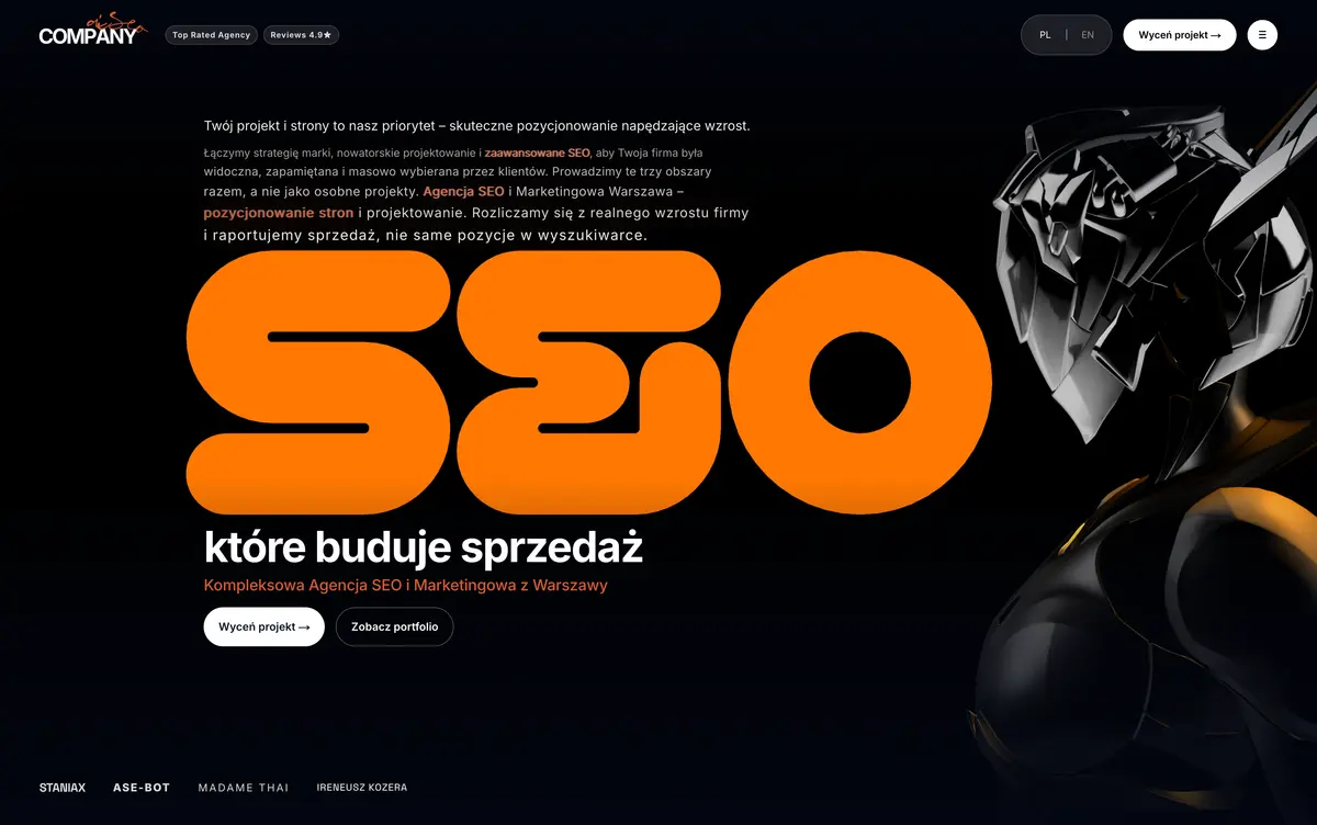 Sekcja hero strony AI SEO COMPANY — napis SEO w scenie 3D